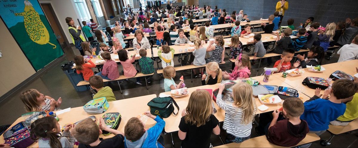 Students sitting at benches with their hands raised