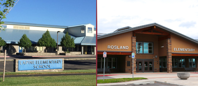 side by side photos of entrances to La Pine Elementary School and Rosland Elementary School