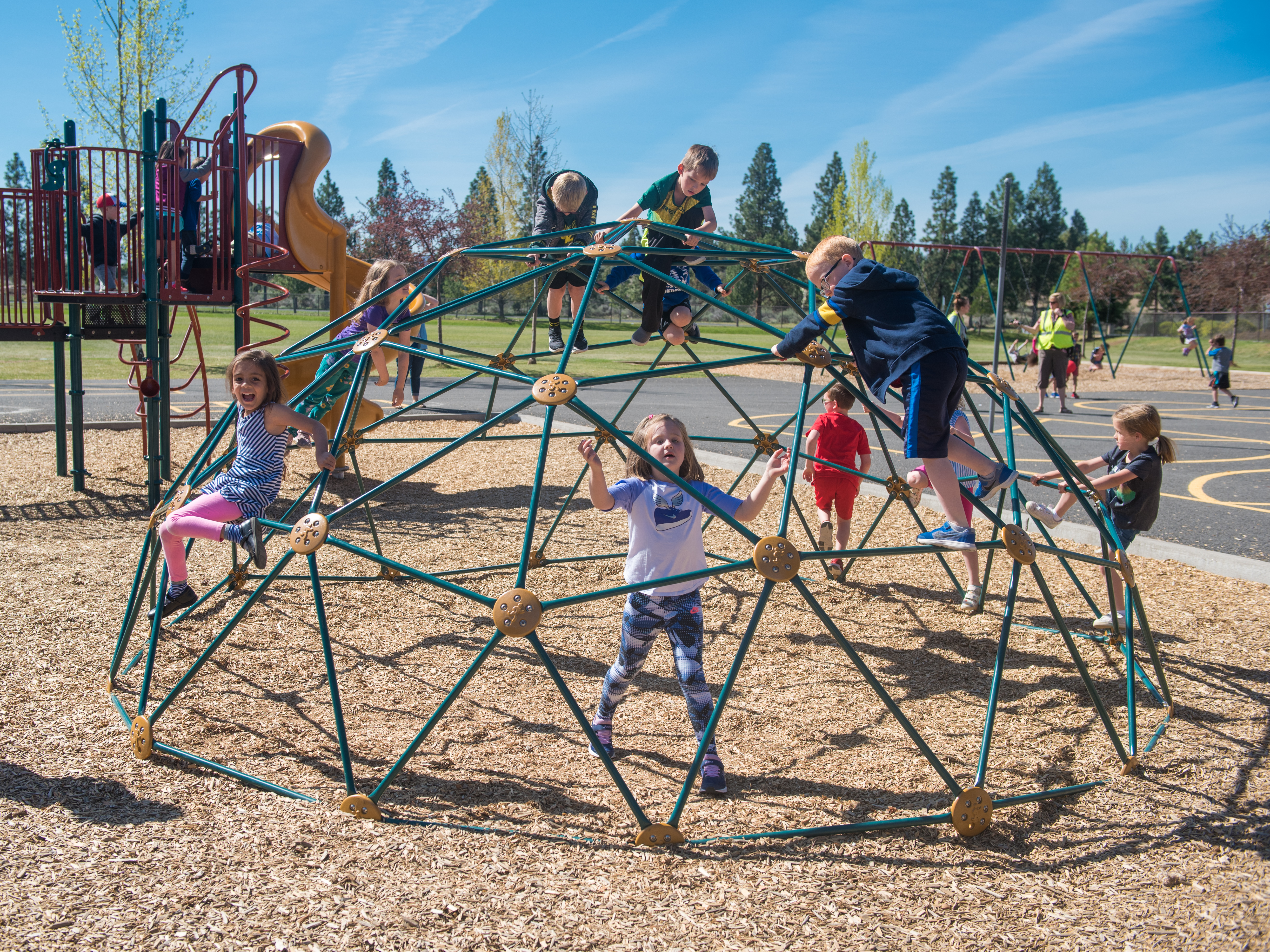 Eight elementary students playing on a jungle gym shaped like a dome. Kids are all in summer clothing - shorts and t-shirts and the day is sunny.